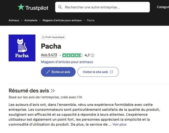 Capture d'&eacute;cran de la page Trustpilot de Pacha montrant 5 473 avis et une note de 4,7 sur 5